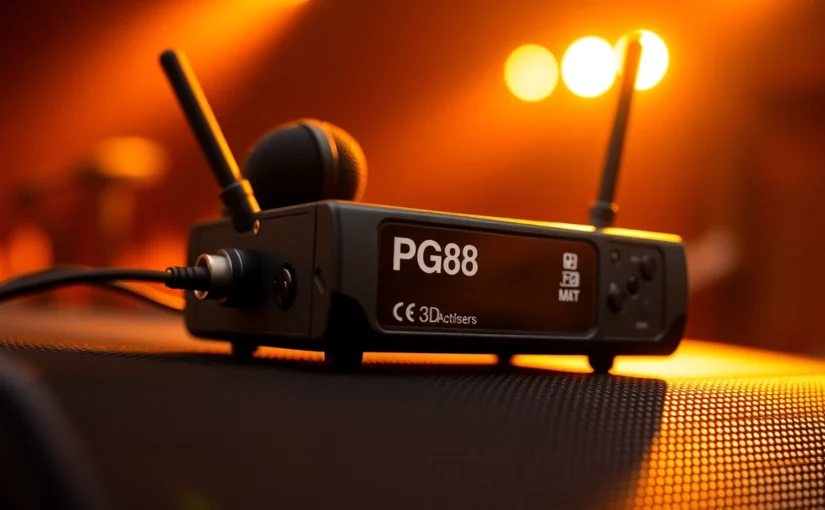 High-quality PG88 wireless microphone receiver with LED indicators and diversity antennas for professional audio setups.