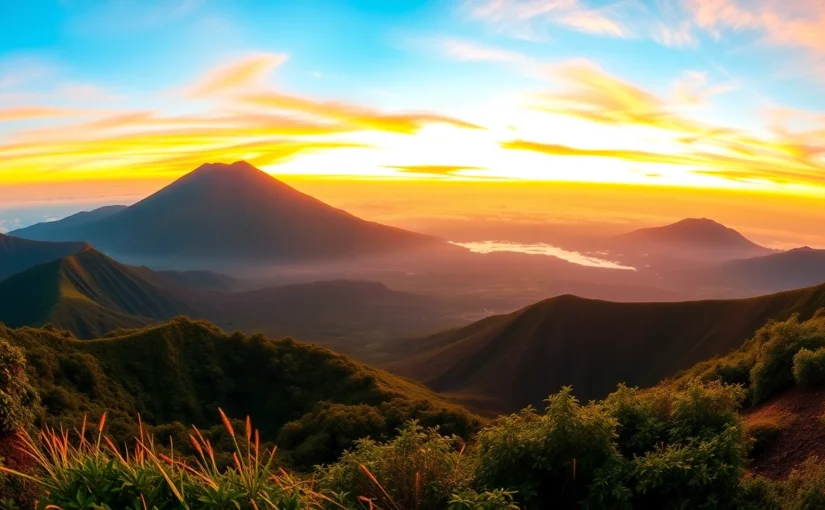 Majestic view of Mount Rinjani erupting at dawn, showcasing its active crater and surrounding landscape, perfect for adventure and travel content.