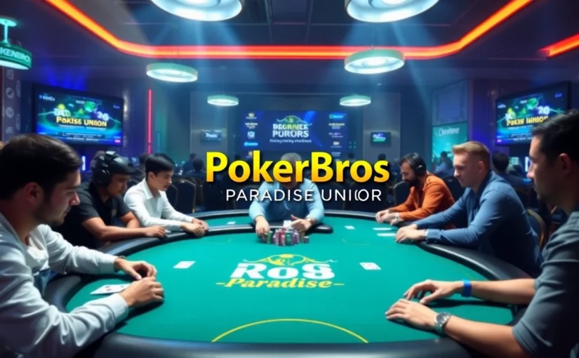 Pokerbros Paradise Union promotional scene showcasing a dynamic online poker community on PokerBros platform.