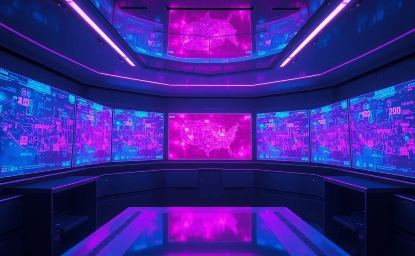 Futuristic AI control room with holographic data streams and sleek design